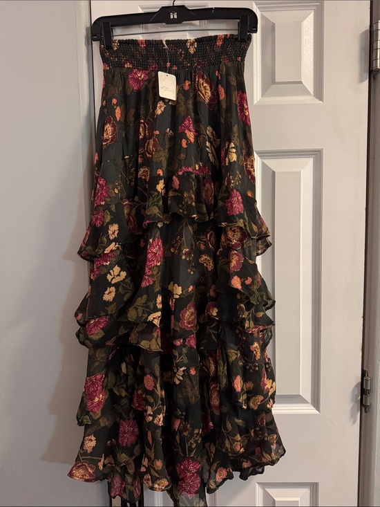 Free People Dresses & Skirts - Free People Black Floral High-Low Ruffle Maxi Skirt with Pink & Green Accents